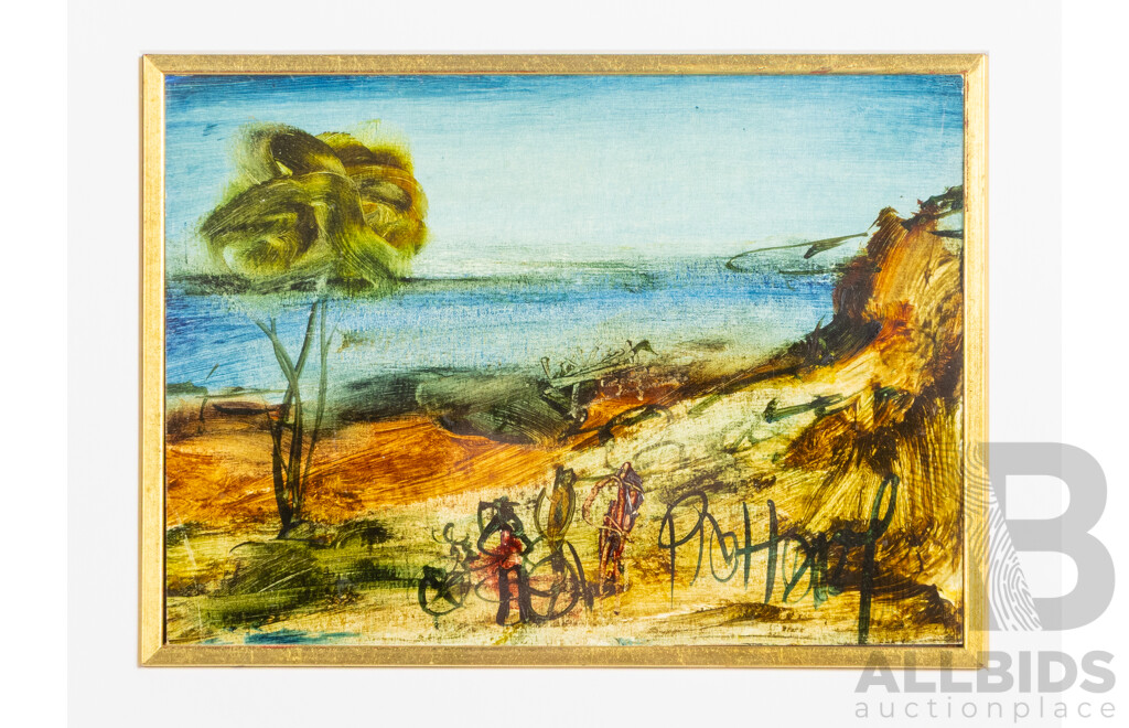 Pro Hart, (20th Century, Australian, 1928-2006), Bikers on a Hill, Original Oil on Hardboard, 43 x 33 cm (frame)
