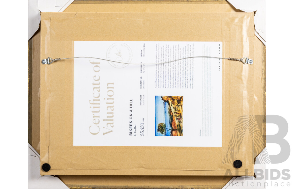 Pro Hart, (20th Century, Australian, 1928-2006), Bikers on a Hill, Original Oil on Hardboard, 43 x 33 cm (frame)