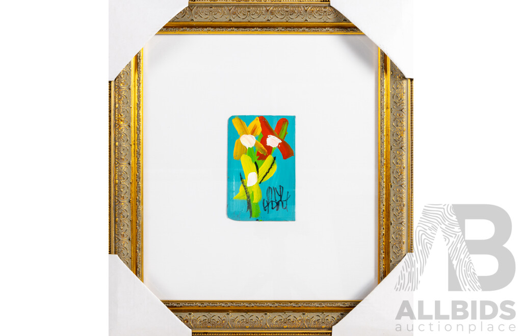 Pro Hart, (20th Century, Australian, 1928-2006), Floral Study, Original Oil on Bible Cover, 39 x 35 cm (frame)