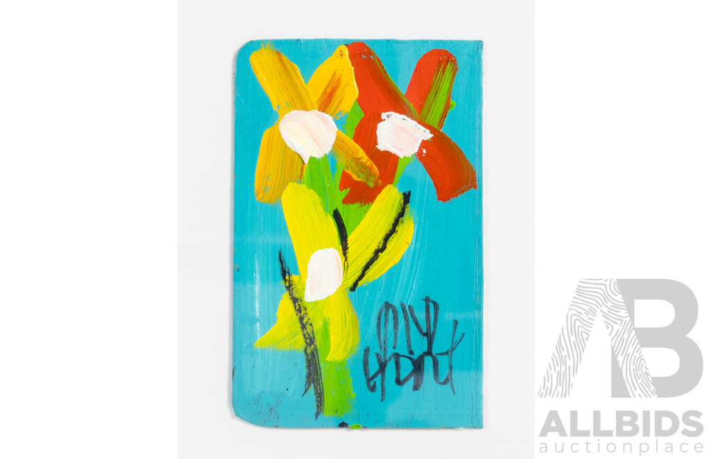 Pro Hart, (20th Century, Australian, 1928-2006), Floral Study, Original Oil on Bible Cover, 39 x 35 cm (frame)