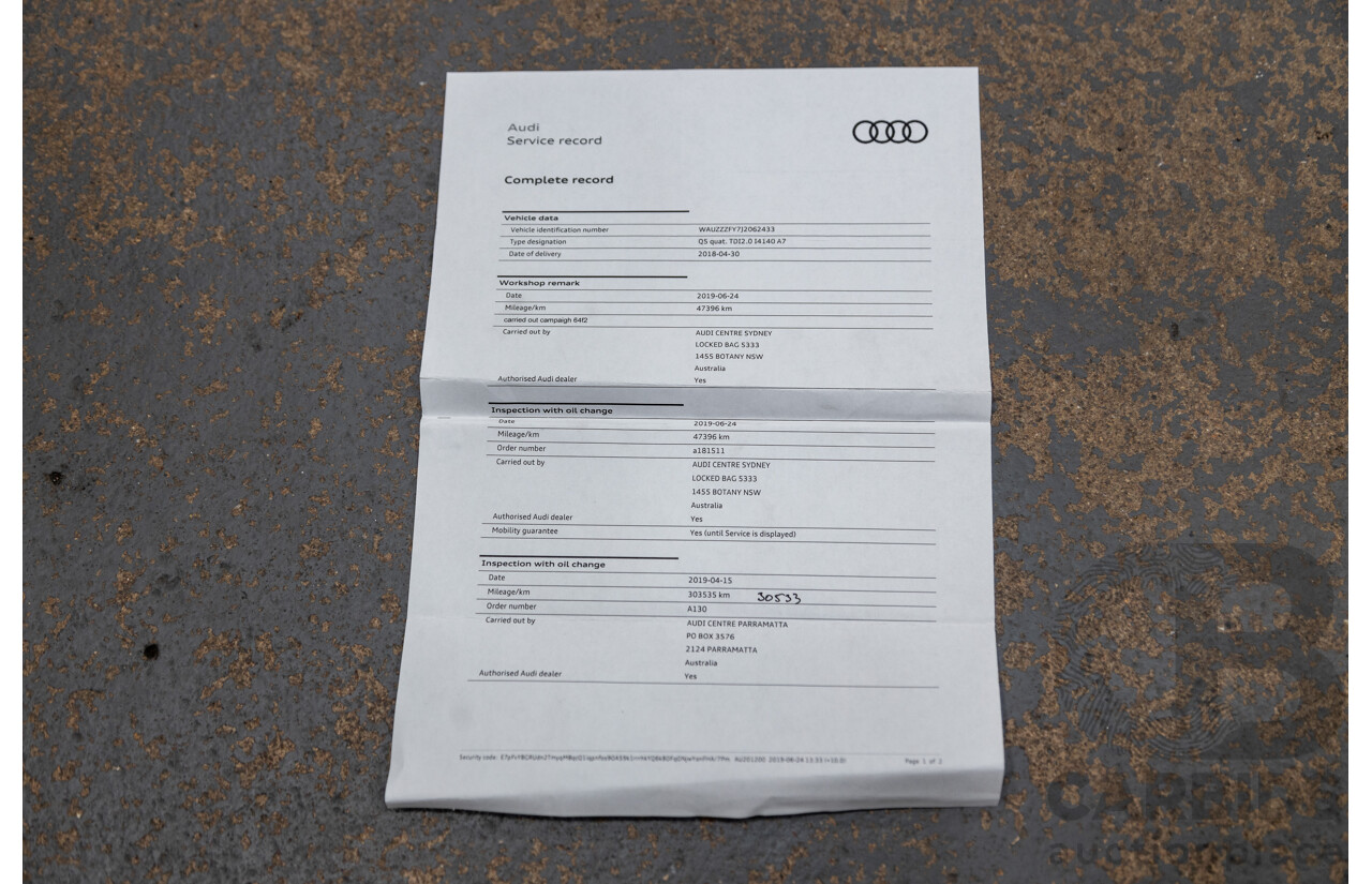 01/2018 Audi Q5 TDI Sport Quattro Ultra (AWD) MY18 4d Wagon Navarra Blue Metallic Turbo Diesel 2.0L