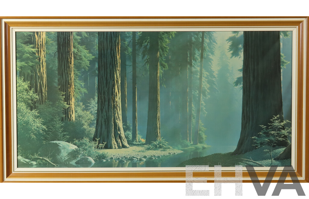 Paul Detlefsen, (Danish Born American, 1899-1986), Serenity with Deer (1964), Vintage Litho Print on Hard Board, 74 x 135 cm (frame)