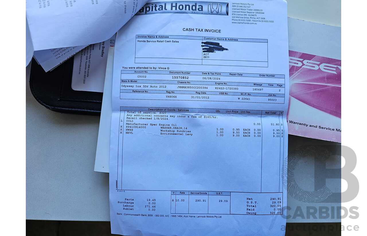 1/2012 Honda Odyssey Luxury RB MY12 4d Wagon Grey 2.4L