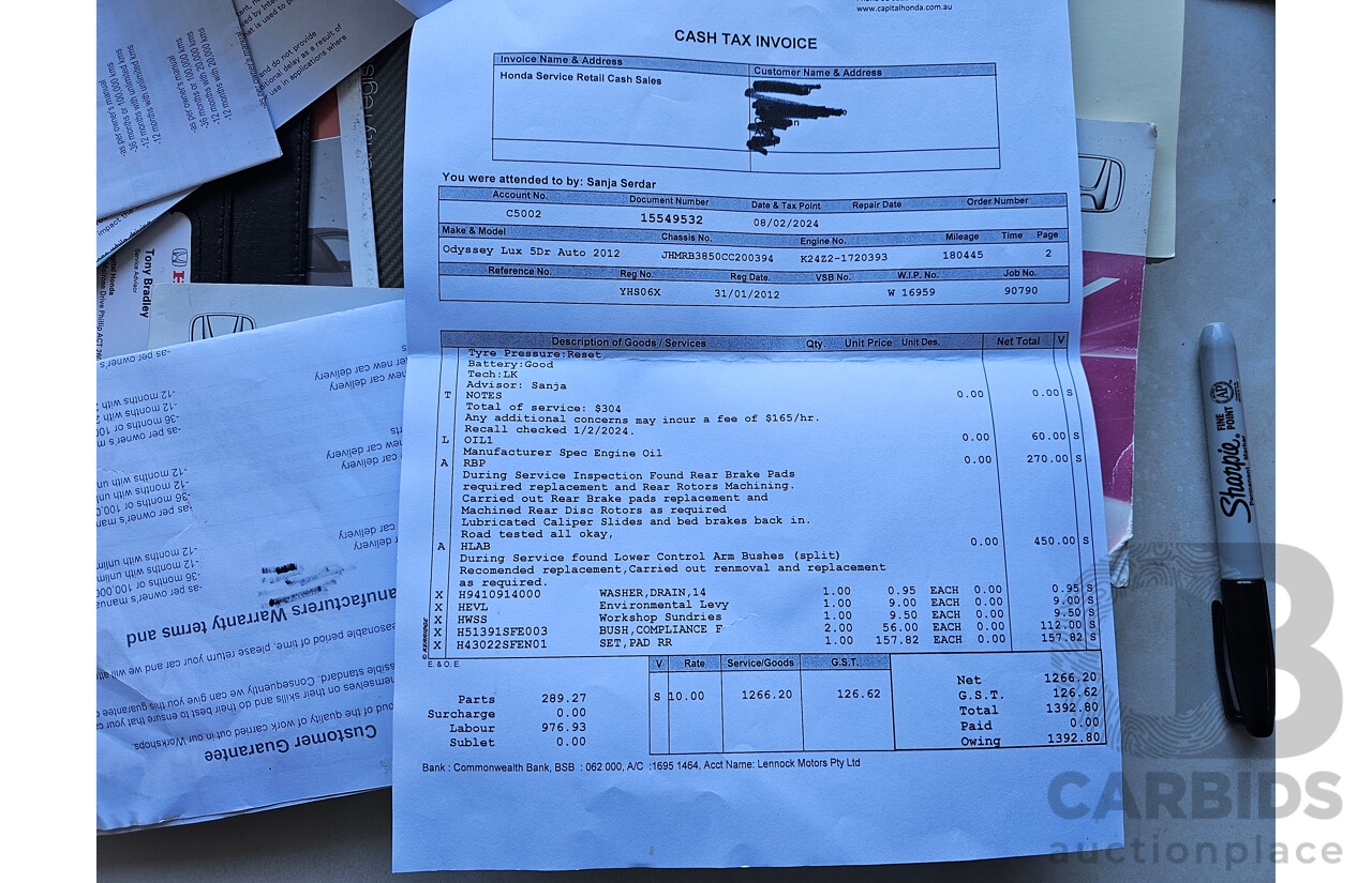 1/2012 Honda Odyssey Luxury RB MY12 4d Wagon Grey 2.4L