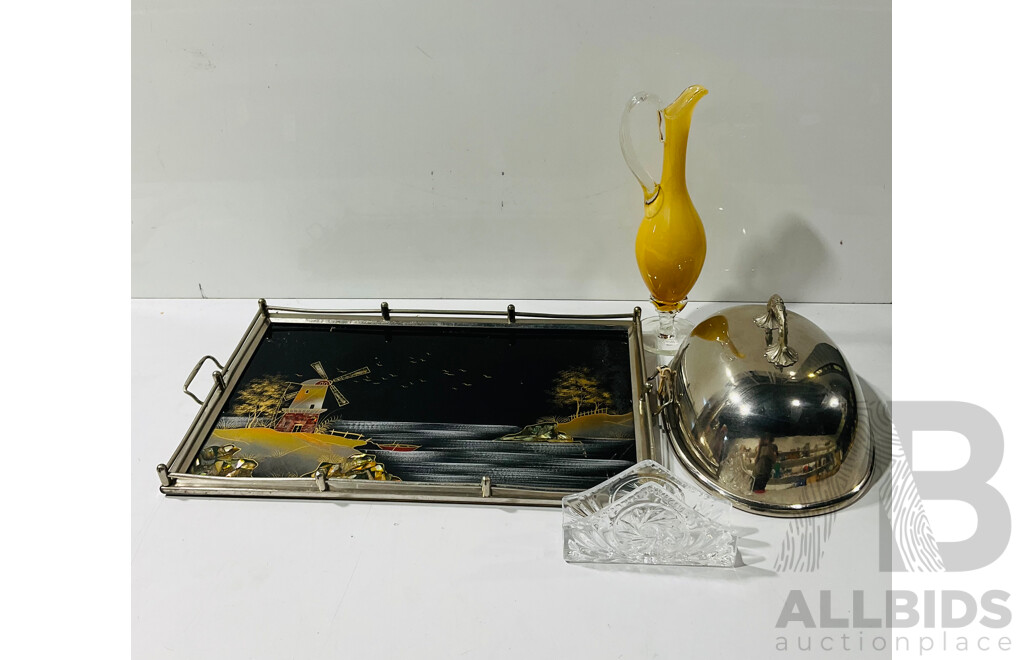 Collection Vintage Items COmprising Oriental Tray with Shell Inlay, Mid Century Yellow Art Glass Vase, Crystal Letter Holder and Silver Plate Meat Dome