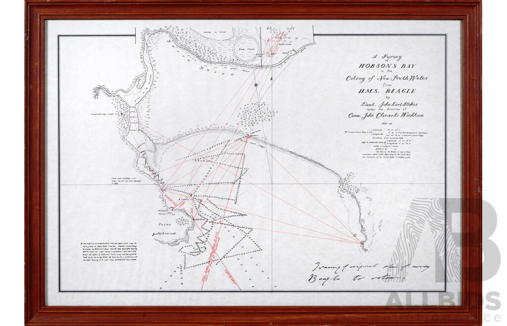A Survey of Hobsons Bay in the Colony of New South Wales From H.M.S. Beagle, Reproduction Limited Edition Print of the Original,  44 x 62 cm (frame)