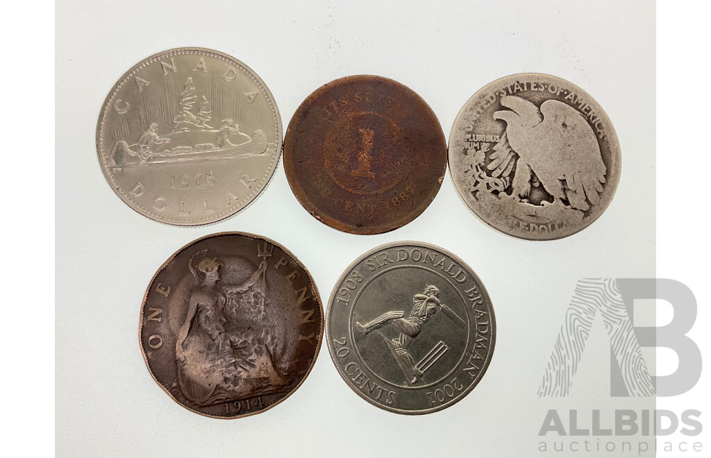 Straits Settlements QV 1887 One Cent, USA Silver Half Dollar, UK 1914 Penny, Canada 1975 One Dollar, Australian 2001 Twenty Cent, Donald Bradman