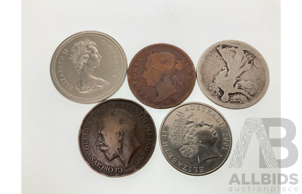 Straits Settlements QV 1887 One Cent, USA Silver Half Dollar, UK 1914 Penny, Canada 1975 One Dollar, Australian 2001 Twenty Cent, Donald Bradman