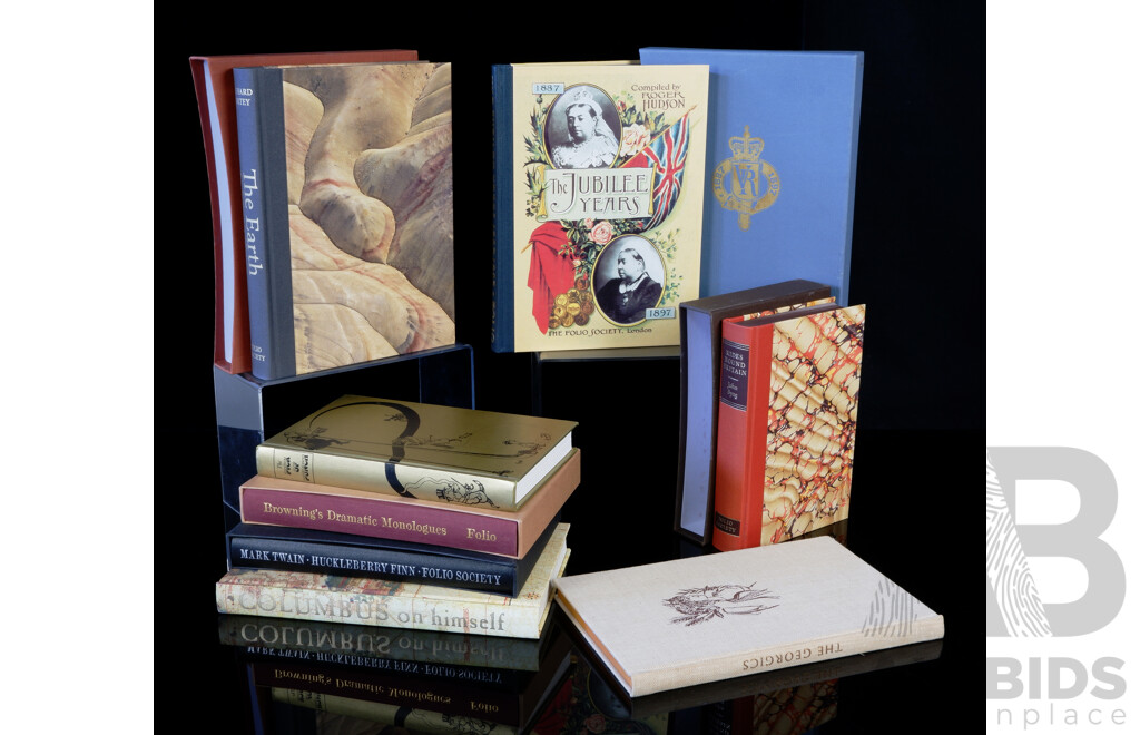 Collection Eight Folio Society Publications Including Columbus on Himself, Rides Around Britain and More, All Hardcovers, Five in Slip Cases