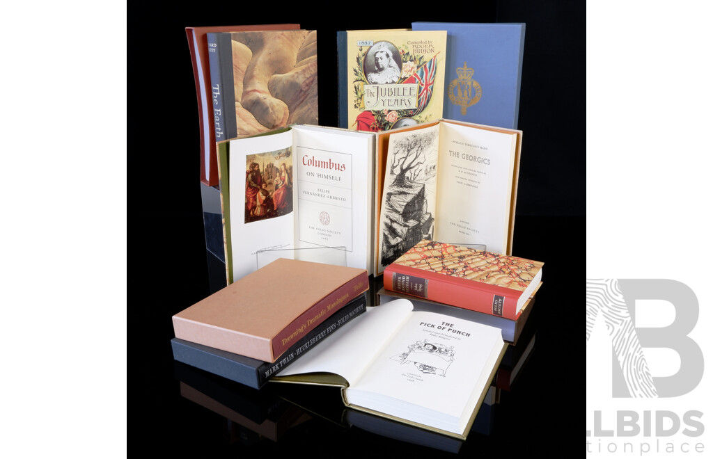 Collection Eight Folio Society Publications Including Columbus on Himself, Rides Around Britain and More, All Hardcovers, Five in Slip Cases