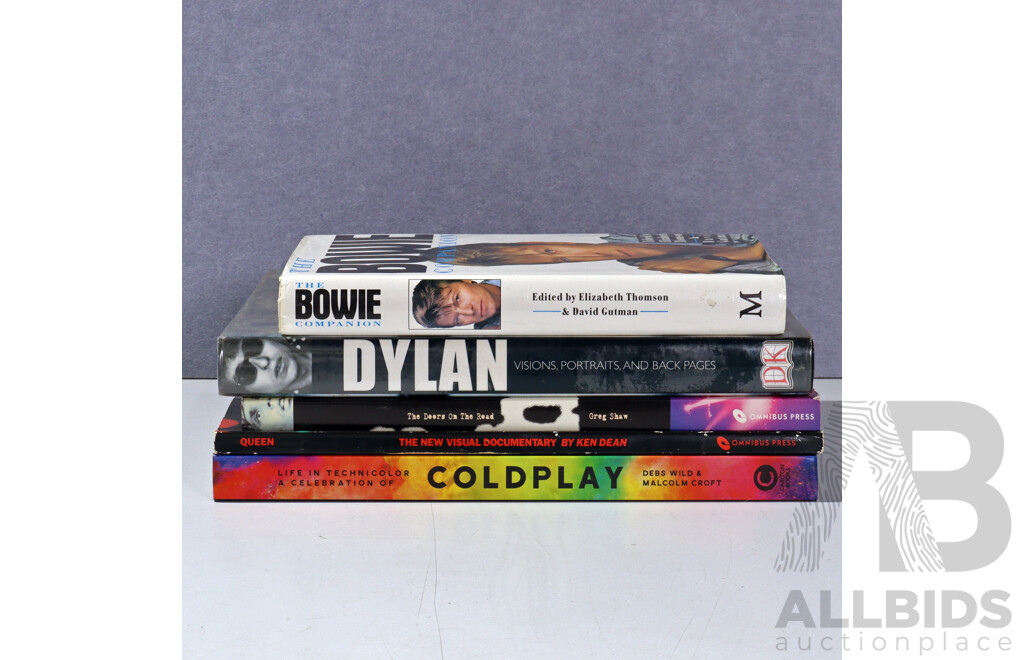 Collection Five Books Regarding Rock N Roll Performers Comprising Queen, David Bowie, Bob Dylan, the Doors & Coldplay