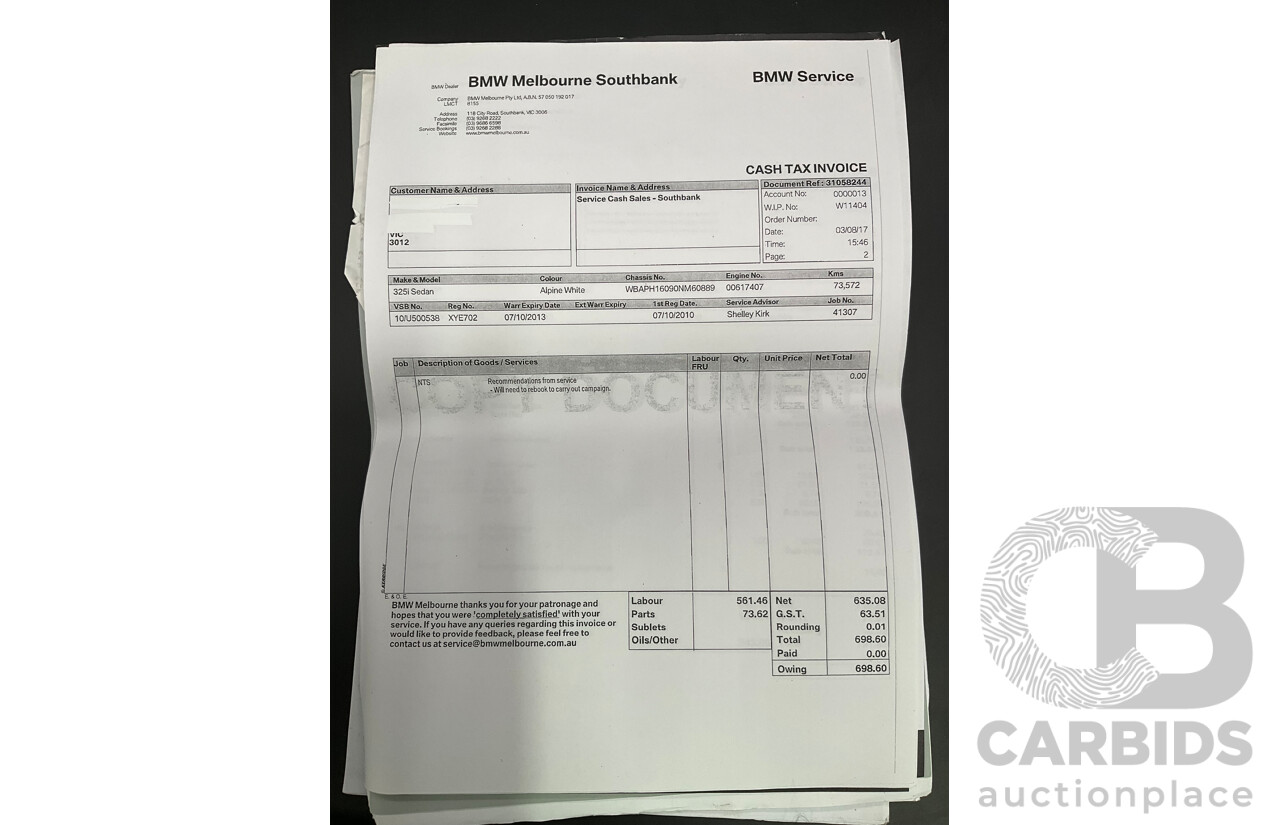 9/2010 BMW 325i Exclusive E90 MY10 4d Sedan Alpine White 2.5L
