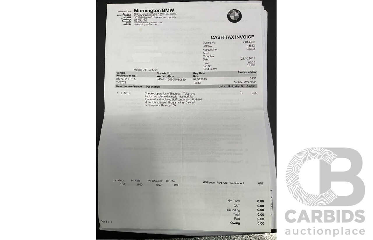 9/2010 BMW 325i Exclusive E90 MY10 4d Sedan Alpine White 2.5L