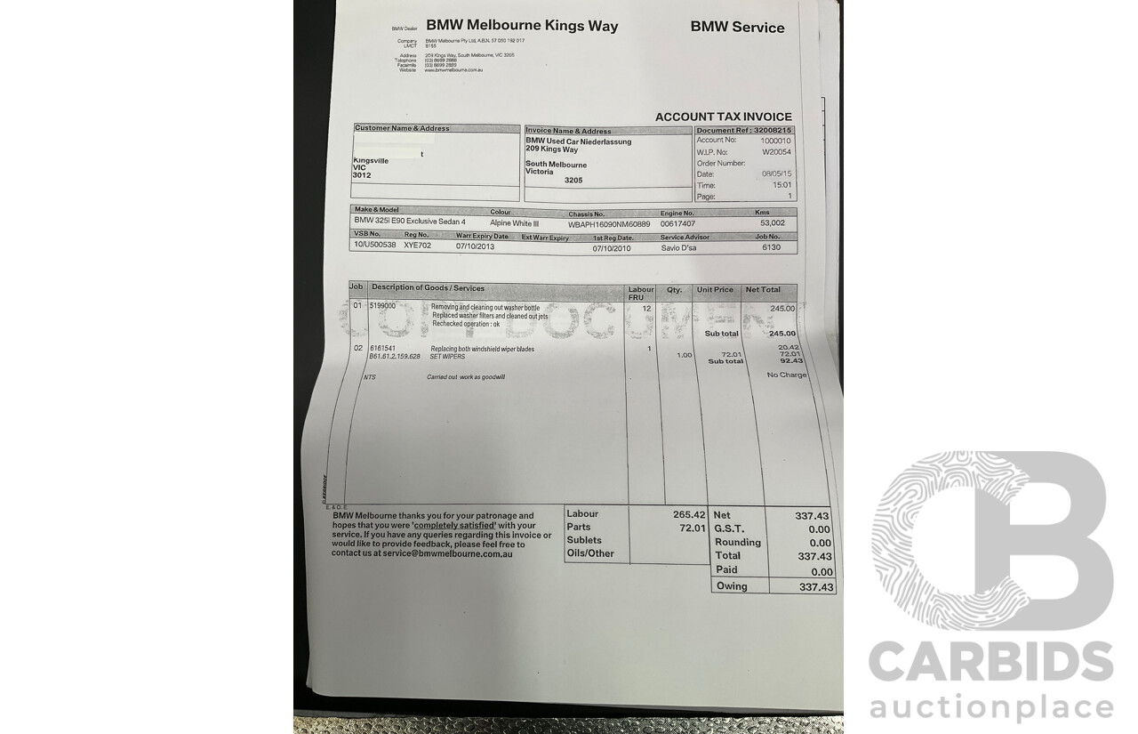9/2010 BMW 325i Exclusive E90 MY10 4d Sedan Alpine White 2.5L