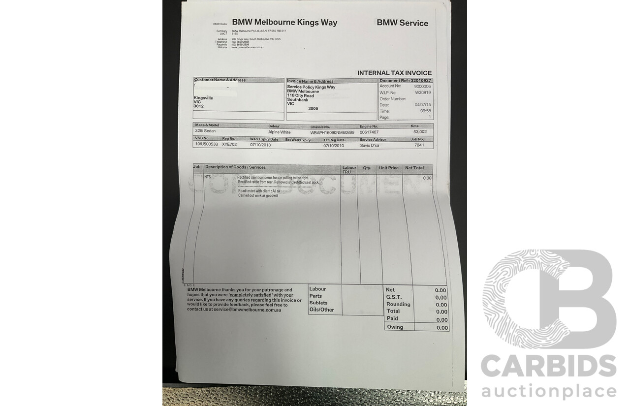 9/2010 BMW 325i Exclusive E90 MY10 4d Sedan Alpine White 2.5L