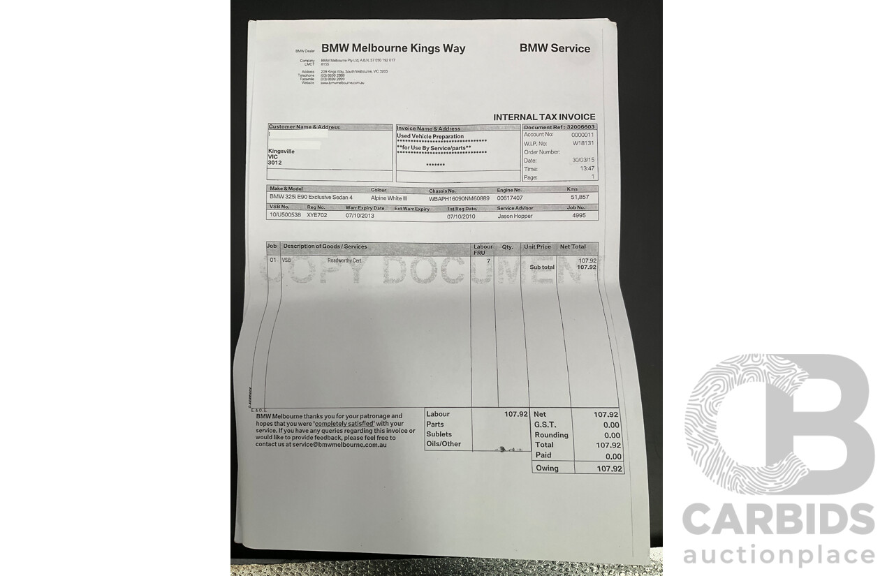 9/2010 BMW 325i Exclusive E90 MY10 4d Sedan Alpine White 2.5L