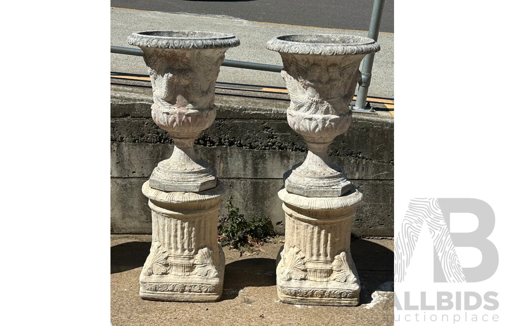 Pair of Concrete Garden Urns on Concrete Stands