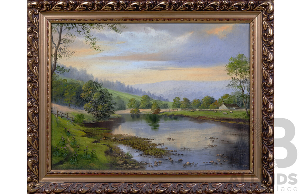 NJB (Date Unknown), Mist of Evening Near Rockden, Vintage Oil on Canvas Board, 58 x 74 cm (frame)