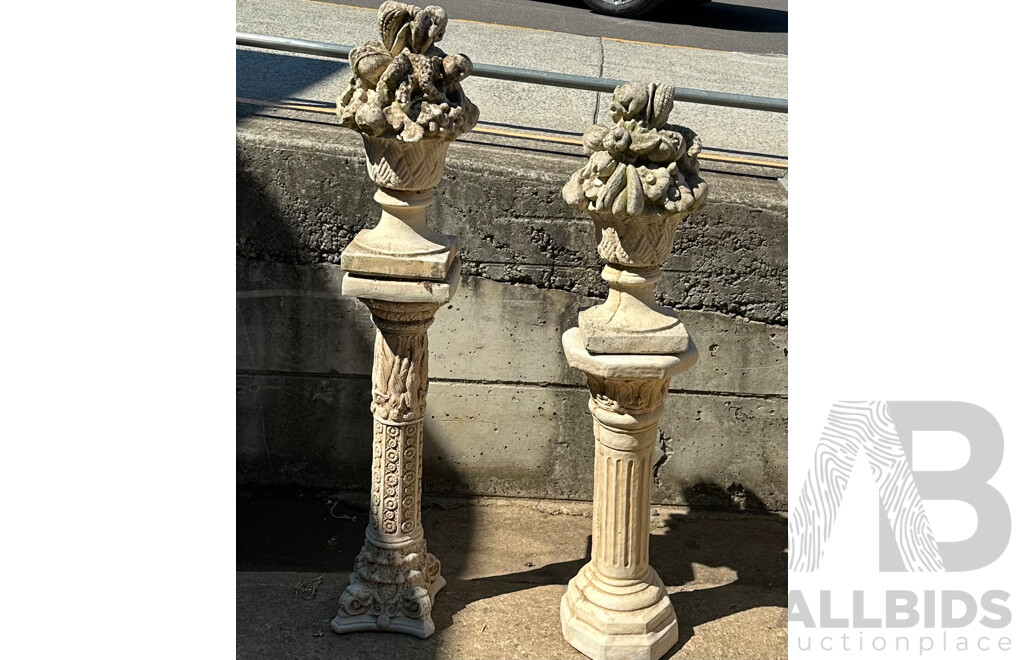 Pair of Unmatched Concrete Columns with Concrete Fruit Baskets