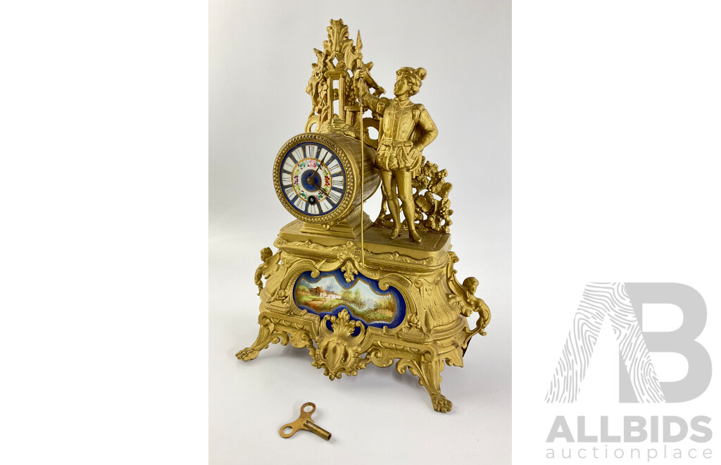 Vintage Cast Metal French Gilt Mantel Clock with Hand Painted Face and Cottage Scene