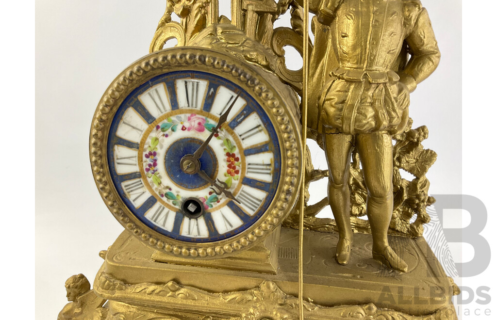 Vintage Cast Metal French Gilt Mantel Clock with Hand Painted Face and Cottage Scene