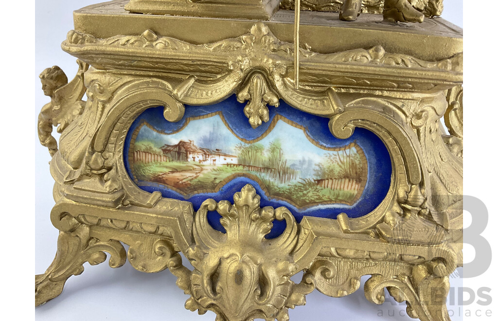 Vintage Cast Metal French Gilt Mantel Clock with Hand Painted Face and Cottage Scene