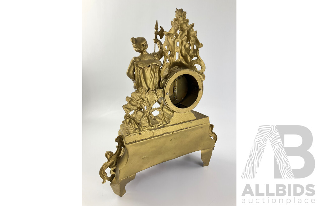 Vintage Cast Metal French Gilt Mantel Clock with Hand Painted Face and Cottage Scene