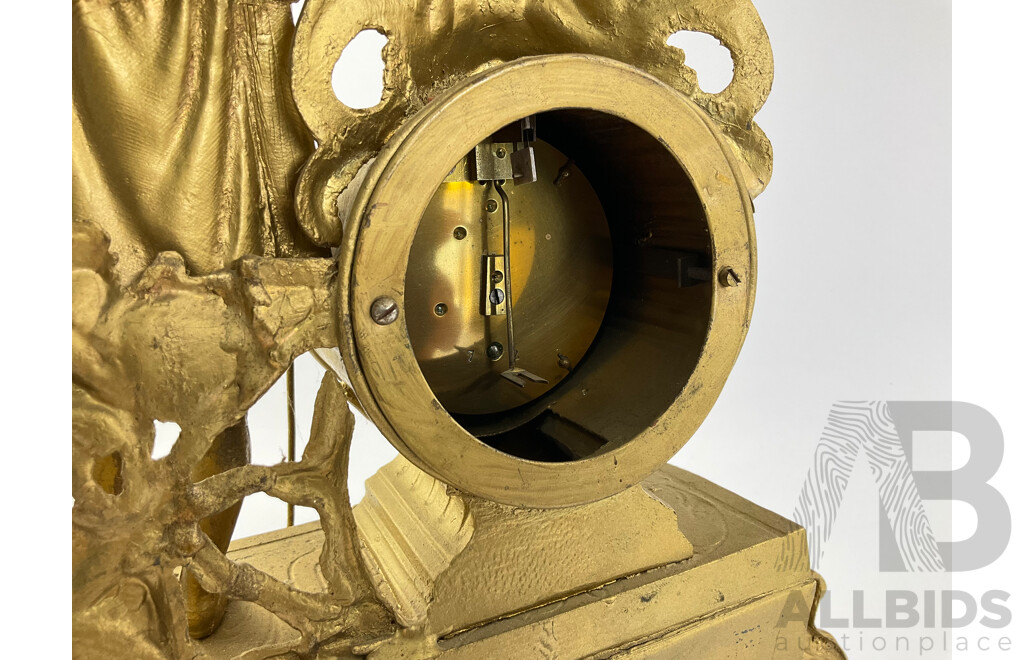 Vintage Cast Metal French Gilt Mantel Clock with Hand Painted Face and Cottage Scene