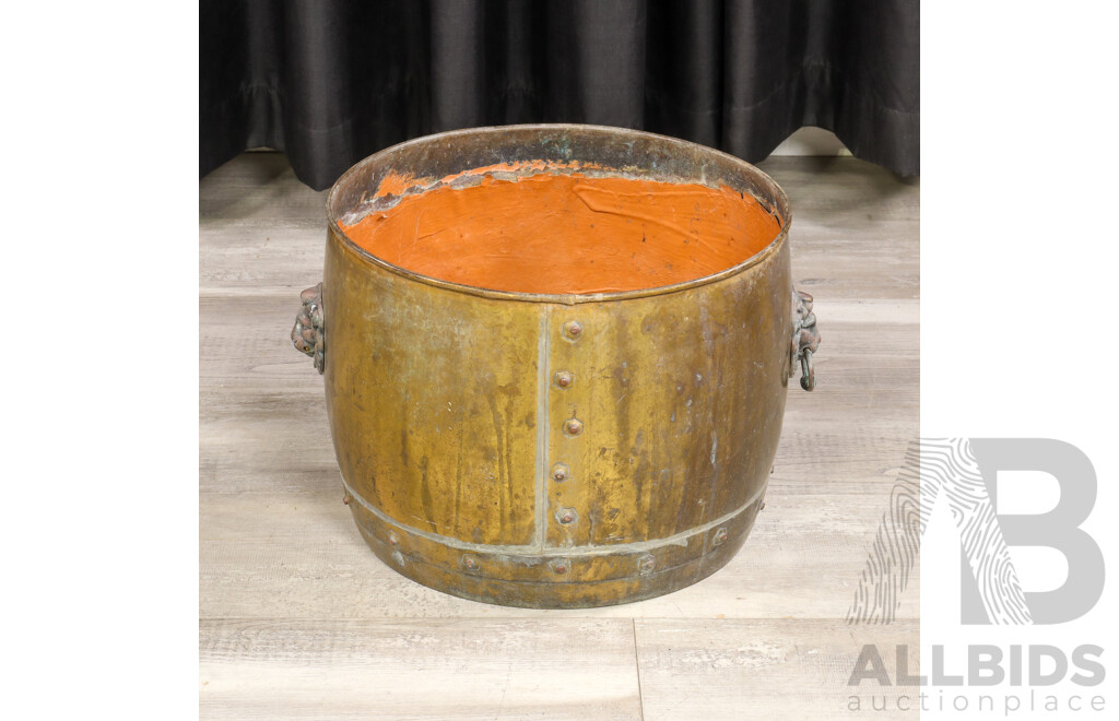 Large Brass Cauldron with Lions Head Handles