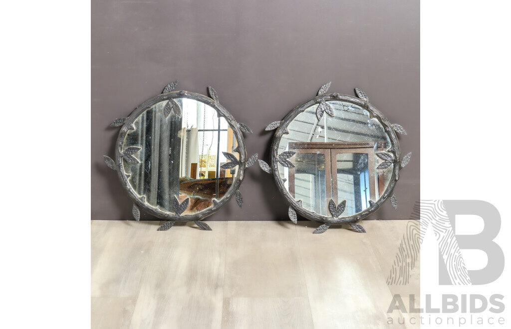 Pair of Heavily Carved Round Vintage Mirrors with Branch Motif