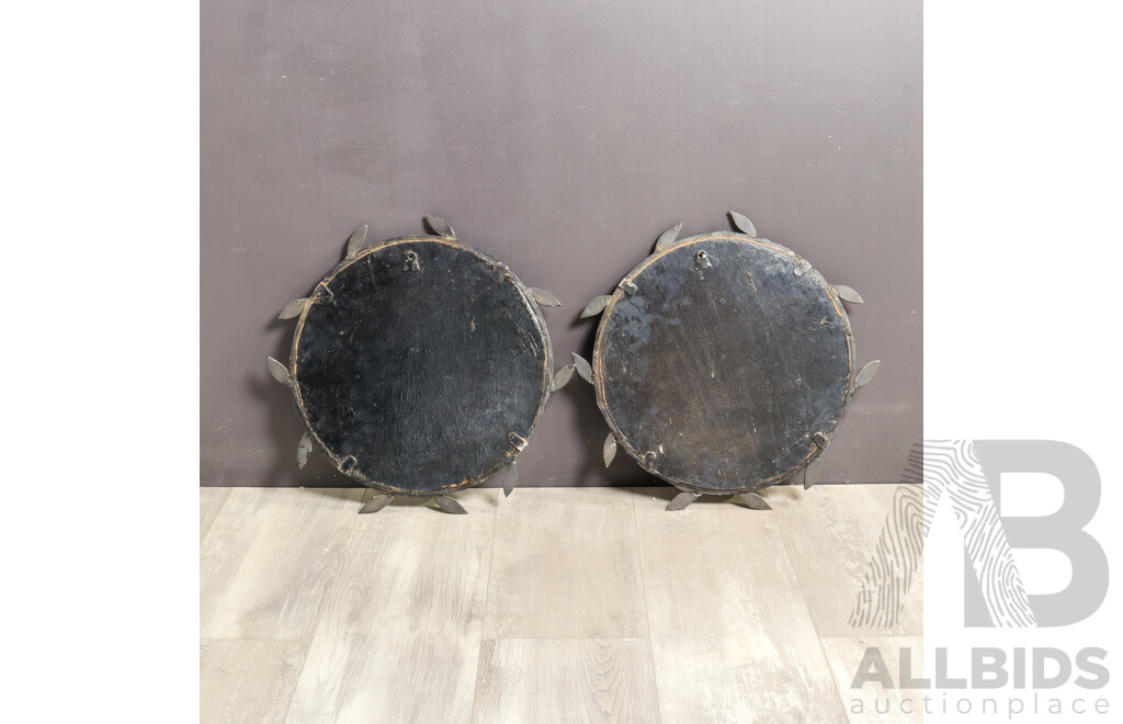 Pair of Heavily Carved Round Vintage Mirrors with Branch Motif