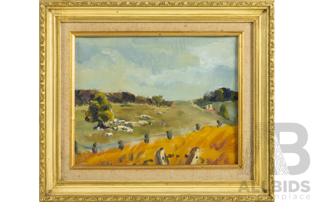 Artist Unknown (20th Century), Country Scene with Grazing Stock, Vintage Oil on Canvas Board, 30 x 35 cm (frame)