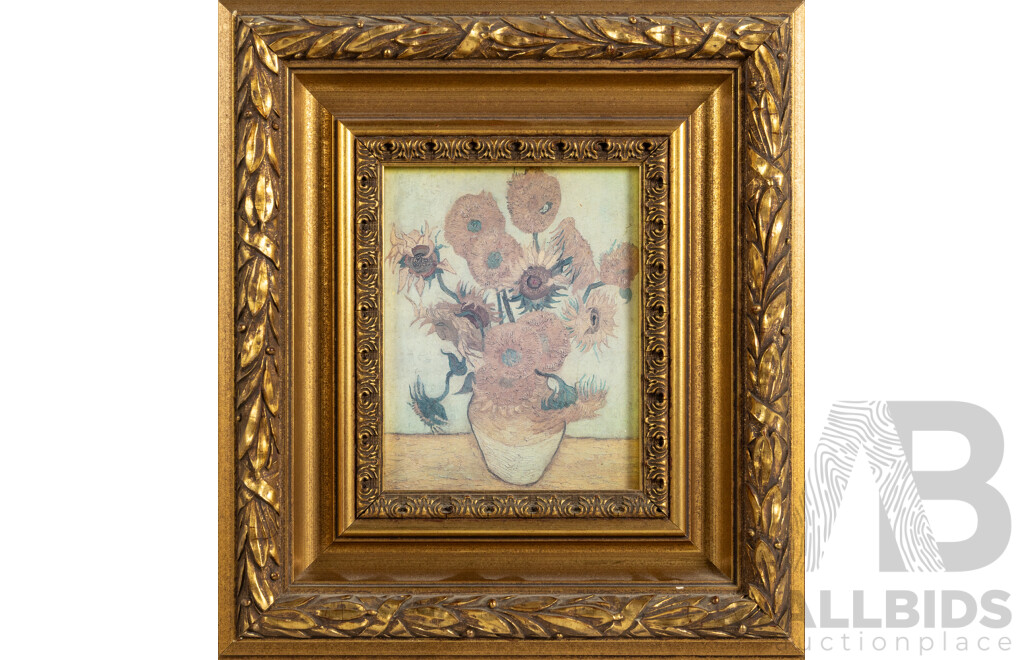 Vincent Van Gogh (19th Century, Dutch, 1853-1890), Sunflowers, Reproduction Print After Original Oil on Canvas c1888, 30 x 27 cm (frame)