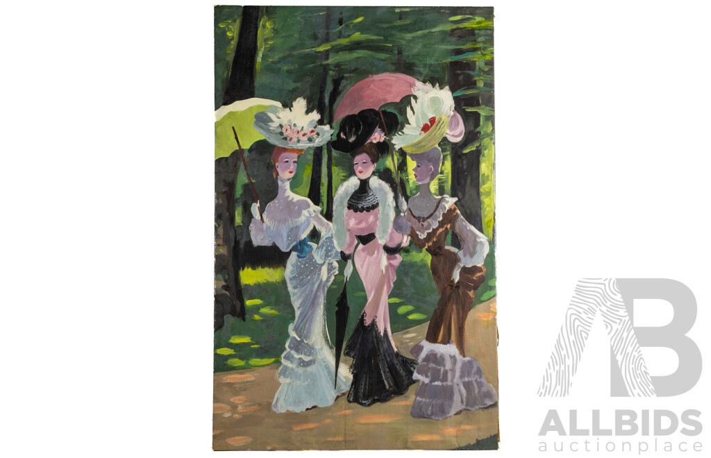 Artist Unknown, (20th Century), Three Ladies Out for a Stroll, Original Vintage Oil on Canvas Cloth, Stretched to Frame, 130 x 82 cm