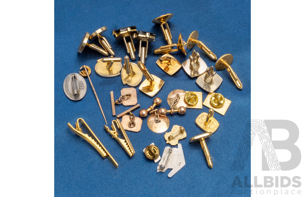 9x Assorted Cufflinks, 2x Tie Clips 4x Various Lapel Pins, 3x Tie Studs - Lot of 18