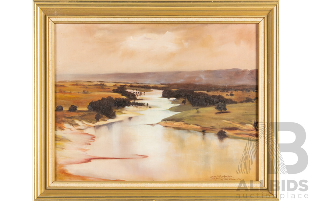 Sno Brewer (20th Century, Australian), Grey Day on the Hawksbury [Copy of Original Arthur Streeton] (1992), Spectacular Original Oil on Canvas Board, 54W x 44H cm (frame)