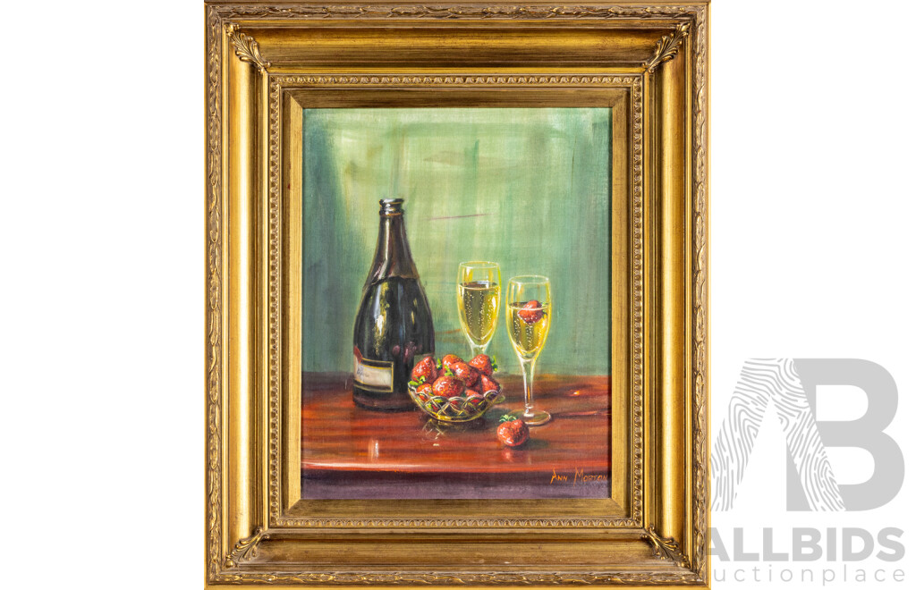 Ann Morton, (20th Century, Australian, 1958-), Still Life - Champagne & Strawberries, Wonderful Original Oil on Tshirt!, 64W x 74H cm (frame)