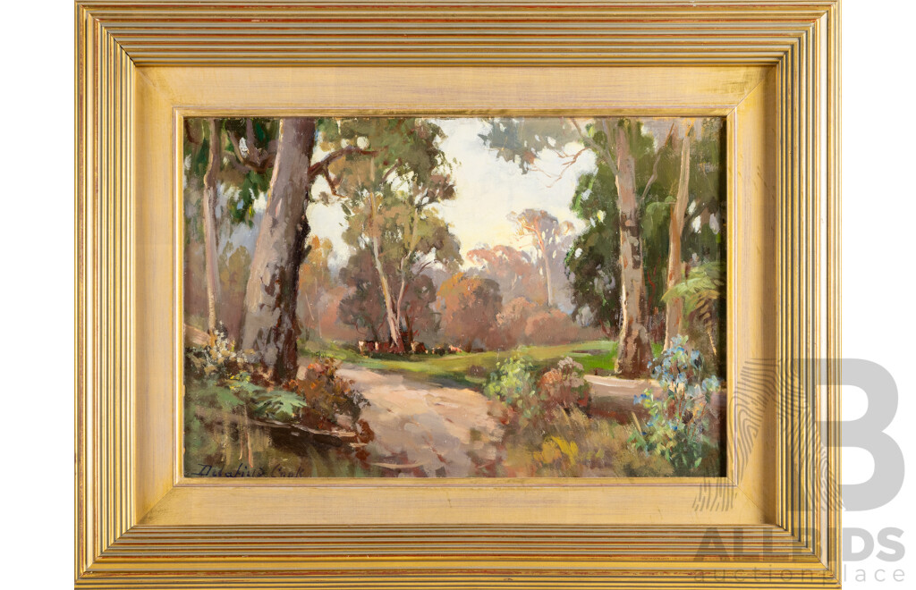 William Delafield Cook Sr. (20th Century, Australian, 1861 - 1931), Bush Landscape, Original Antique Oil & Gouache on Heavy Cardboard, 80W x 62H cm (frame)