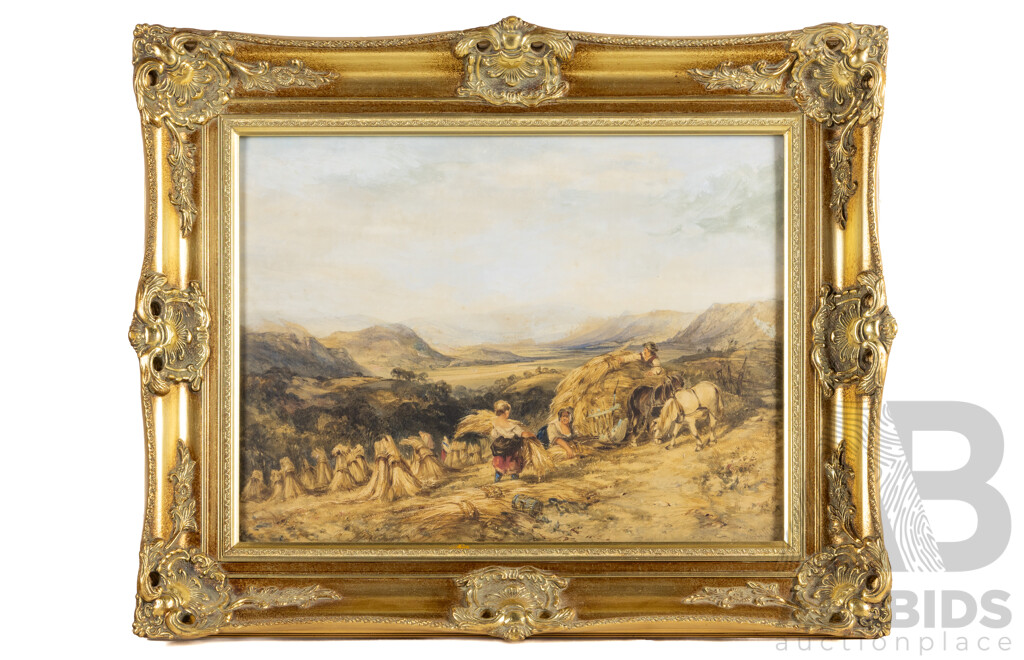 Charles Bentley (20th Century, British, 1805-1854), Harvest in the Highlands (1844), Absolutely Wonderful Antique Watercolour, 82W x 45H cm (frame)