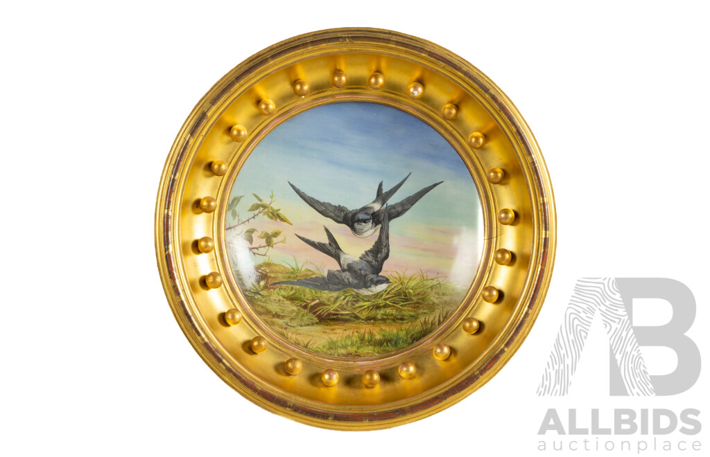 A. Hill (19/20th Centuries, British, Active c1870s), Swallows (1879), Wonderful Antique Overglaze Metal-Oxide Enamel on Porcelain, 37H x 37W cm (frame)
