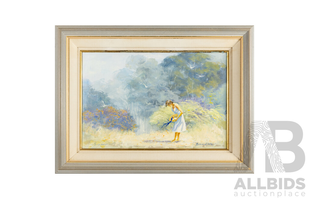 Bernard Tate (20th Century, Australian), The Lost Bracelet, Original Vintage Oil on Canvas Board, 68H x 90W cm (frame)