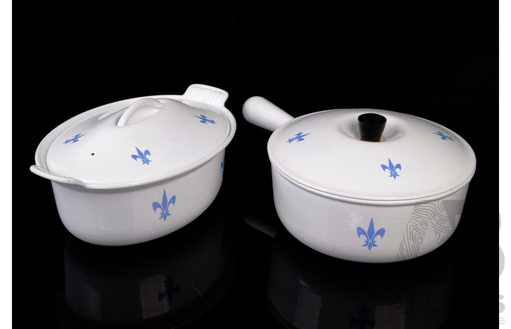 Two Vintage French Enameled Cast Iron Lidded Casseroles with Fleur De Lise Motif