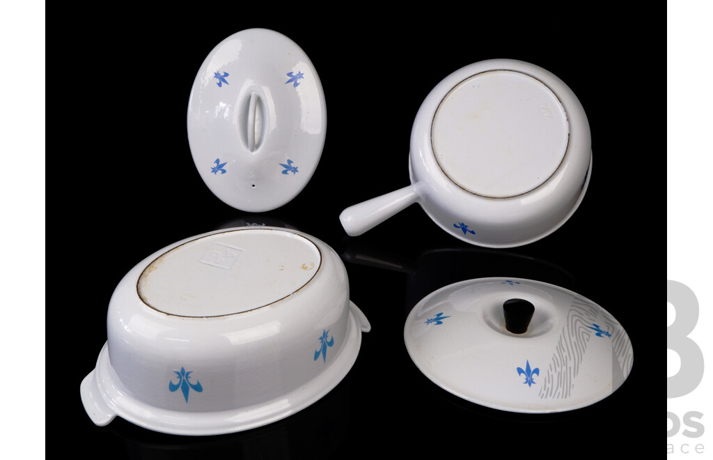 Two Vintage French Enameled Cast Iron Lidded Casseroles with Fleur De Lise Motif