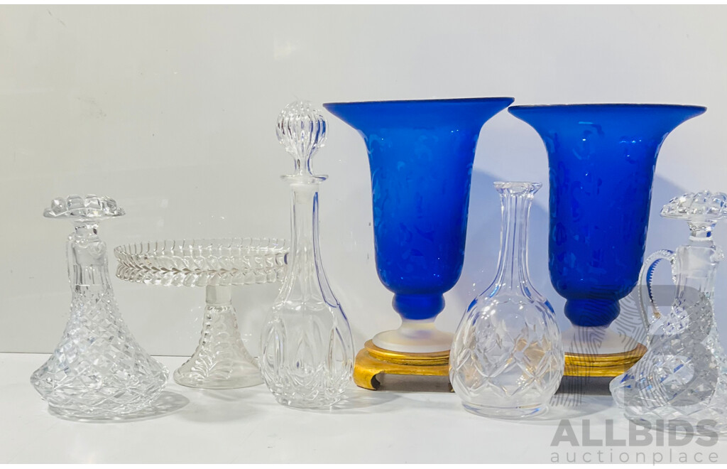 Collection Vintage Decanters Along with Pair Blue Etched Vases on Wooden Stands