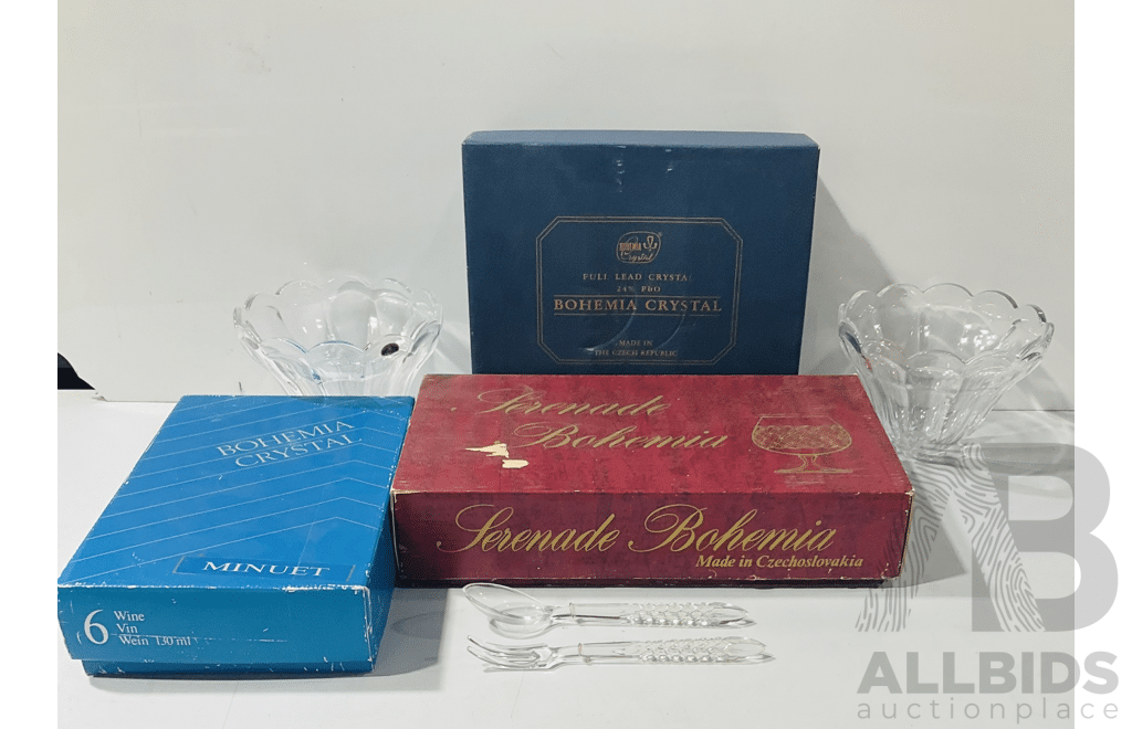 Collection Three Sets Vintage Bohemia Glasses and Pair Light Shades