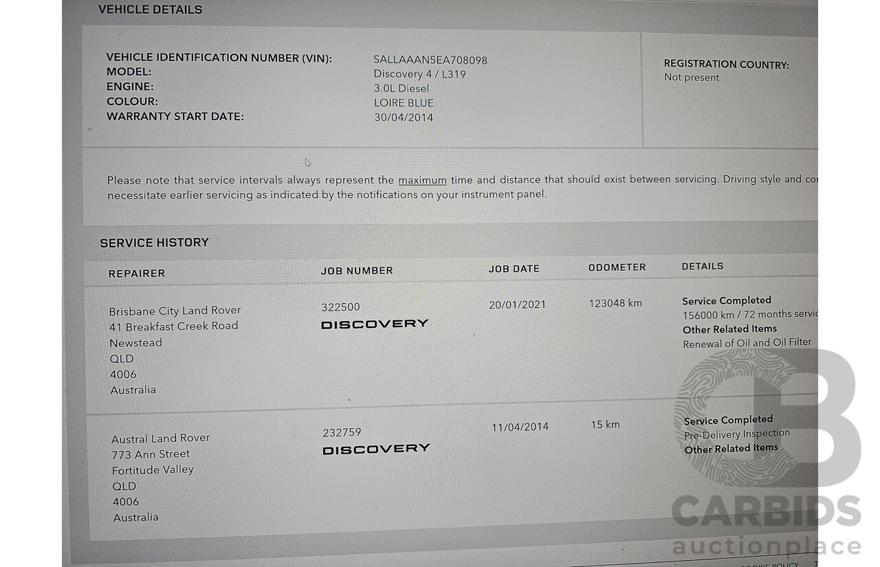 4/2014 Land Rover Discovery 4 3.0 TDV6 MY14 4d Wagon Blue 3.0L