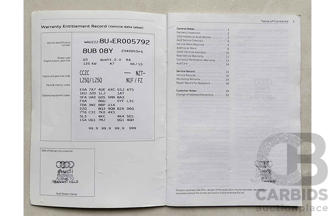 8/2013 Audi Q3 2.0 TFSI Quattro (125kw) 8U 4d Wagon Blue 2.0L