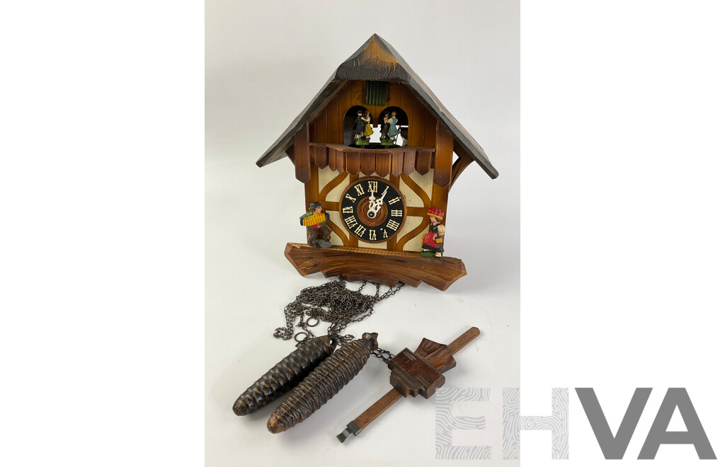 Vintage German Musical Cuckoo Clock, Festive Themed with Dancing Couples