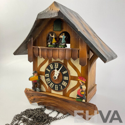 Vintage German Musical Cuckoo Clock, Festive Themed with Dancing Couples