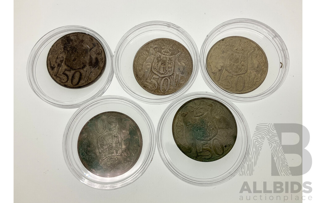 Five Australian 1966 Round Silver Fifty Cent Coins .800